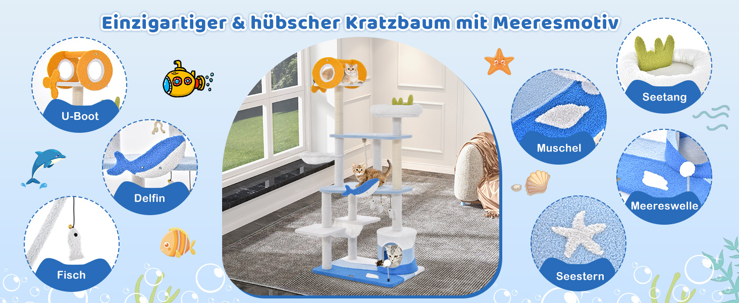 Кігтеточка для котів COSTWAY Ocean-серія з будиночком, гамаком та іграшками, блакитна (59x49x165 см)