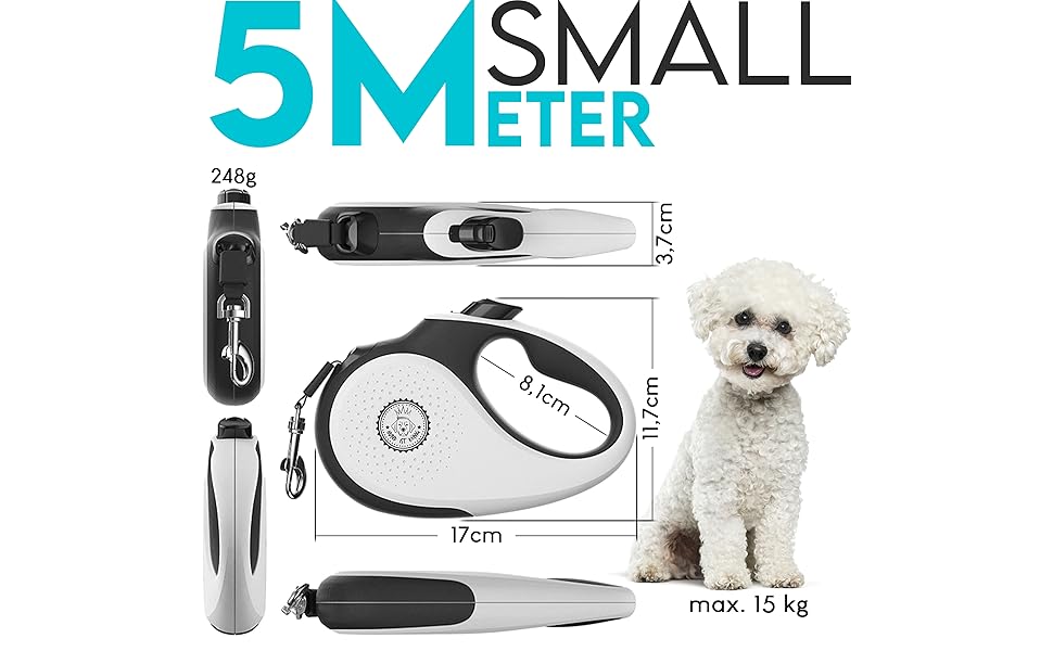 Витяжна поводок для собак HUND IST KÖNIG 8м для малих та великих собак | Міцний поводок до 50кг | Білий/Чорний