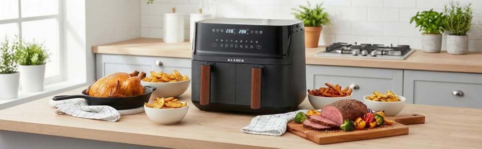 Аерофритюрниця KLAMER Duo 9 л з двома кошиками, незалежним керуванням та функціями Match та Sync, колір дерево