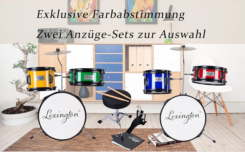 Дитячий барабанний комплект Lexington 3 PC: барабан, малий том, бас-бочка, педаль, стілець, тарілка, палички, червоний, жовтий, зелений