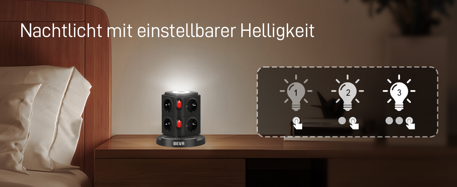 Мережевий фільтр BEVA на 8 розеток з USB-C та USB-A, LED-підсвіткою, 2 окремими вимикачами та захистом від перенапруги, кабель 2м, 2500Вт, чорний