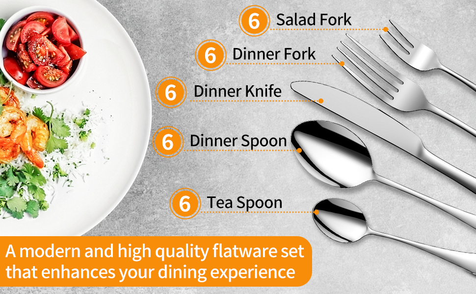 Набір столових приборів Aoeeppa на 6 осіб (30 предметів), нержавіюча сталь, дзеркальна поліровка, для дому, кухні, ресторану, придатний для миття в посудомийній машині (сріблястий)