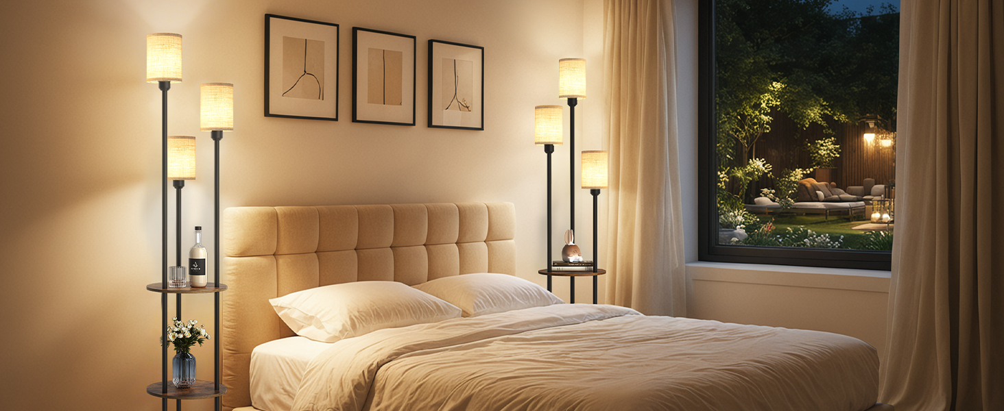 Стельова лампа для вітальні з поличкою, 3-хламкова, вінтажний стиль, бохо, з дерева, з вимикачем на ніжці, E27, ретро, коричнево-бежева ZEF53LDD05