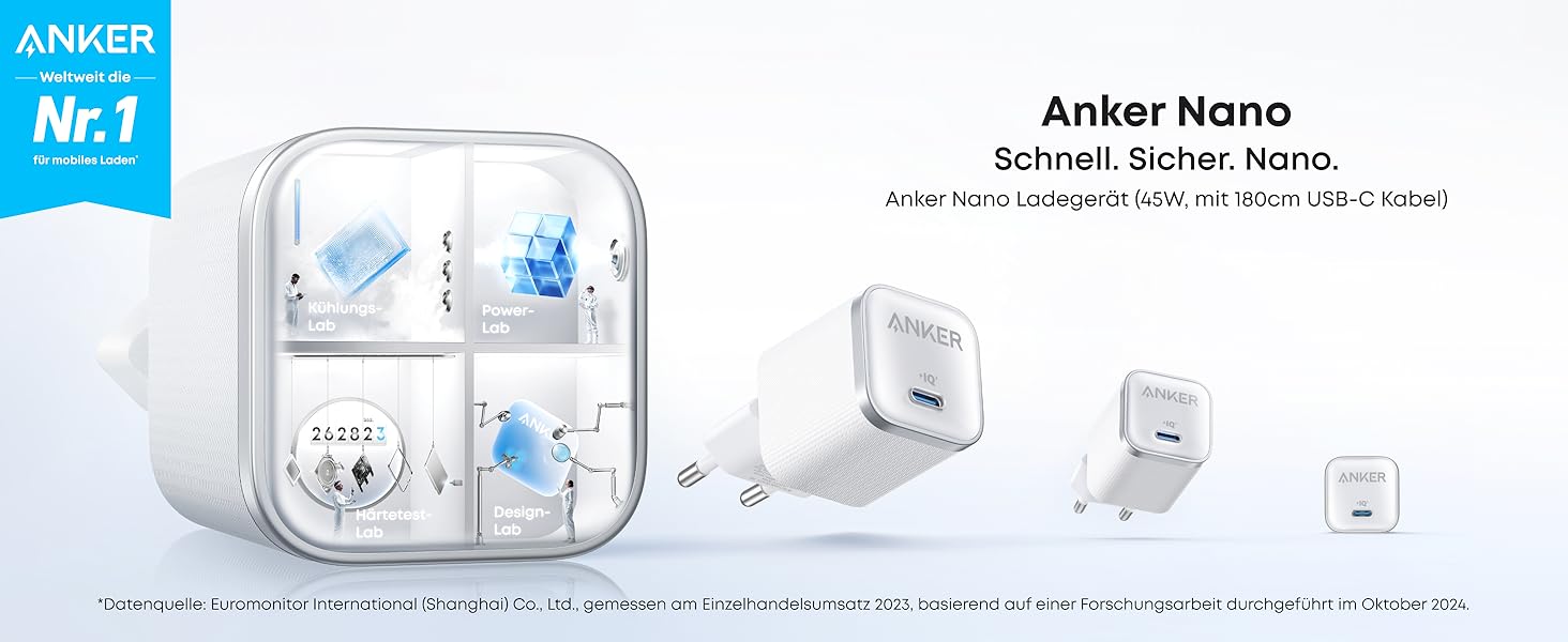Anker Nano 45W USB-C Зарядний пристрій: Компактний мережевий адаптер для швидкої зарядки iPhone 17/Pro/Max, MacBook, Pixel, iPad, Samsung Galaxy (з кабелем 1.8м) - Білий