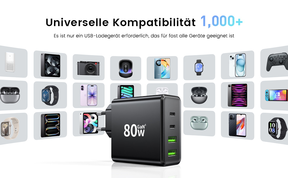 Мережевий зарядний пристрій USB C, 2 шт. 80W, 4 порти USB, швидка зарядка, адаптер для смартфонів, iPad, навушників, чорний