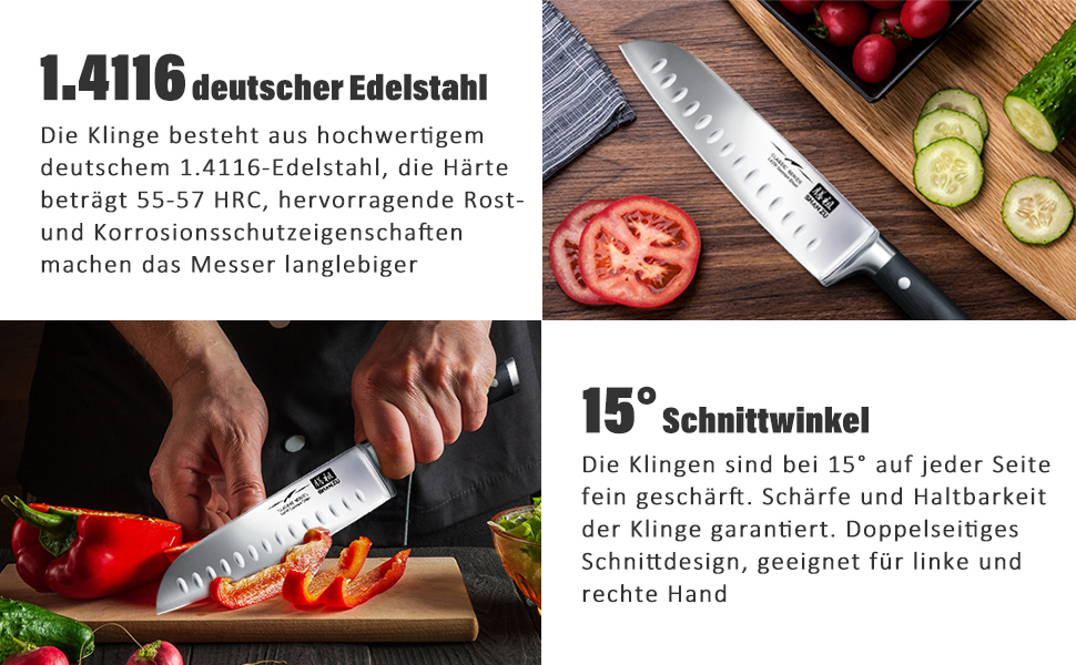 Кухонний ніж Santoku SHAN ZU 18 см з німецької нержавіючої сталі, надгостре лезо, ергономічна ручка, подарункова упаковка