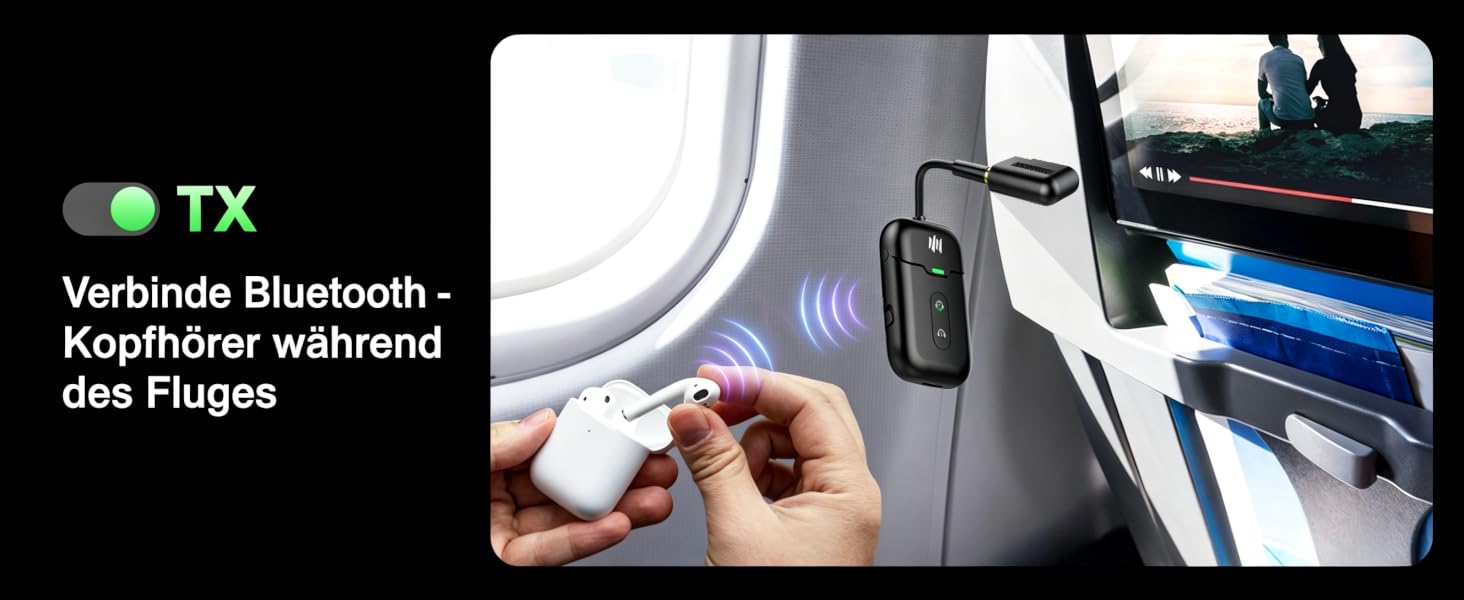 Bluetooth-адаптер 2-в-1 для літака (трансмітер та ресивер) з підтримкою aptX, роз'єм 3.5 мм Jack, версія 5.4, чорний