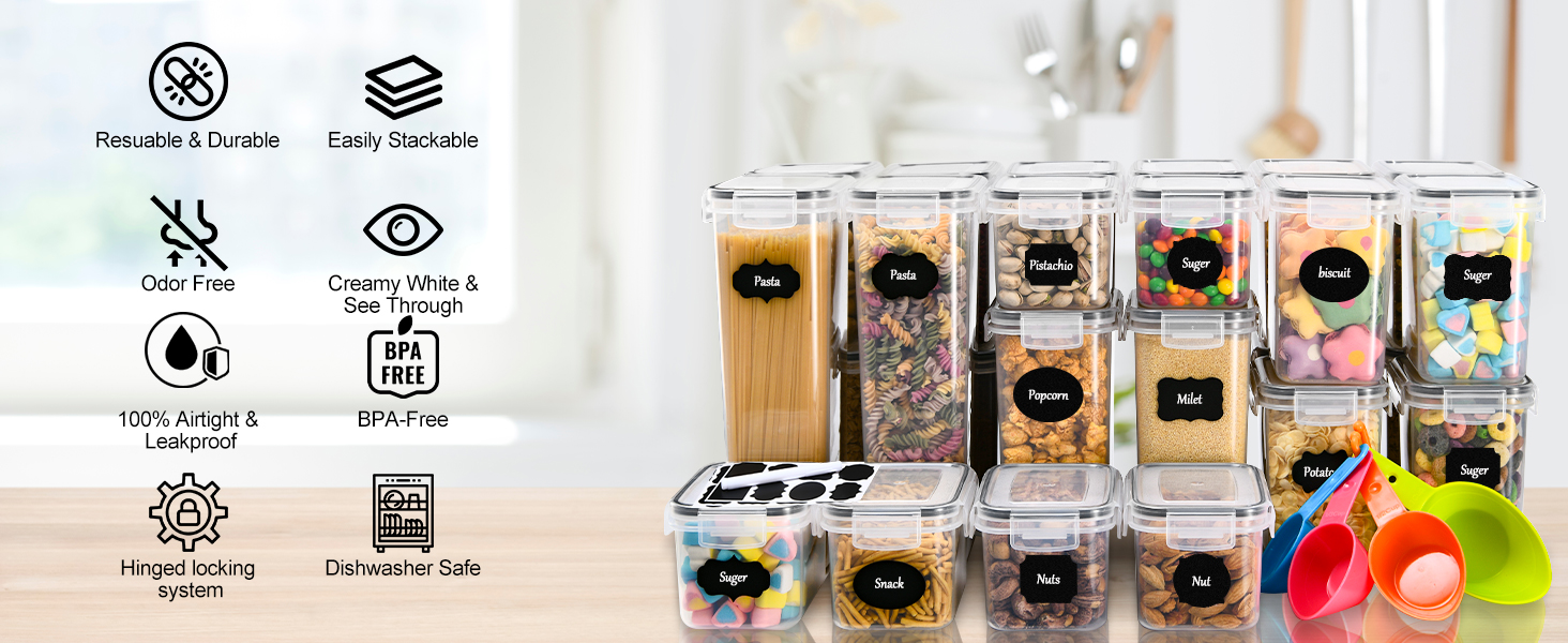 Набір контейнерів для зберігання продуктів з кришкою, 16 шт. BPA Free, герметичні, для кухні, організує крупи, цукор, каву, з етикетками