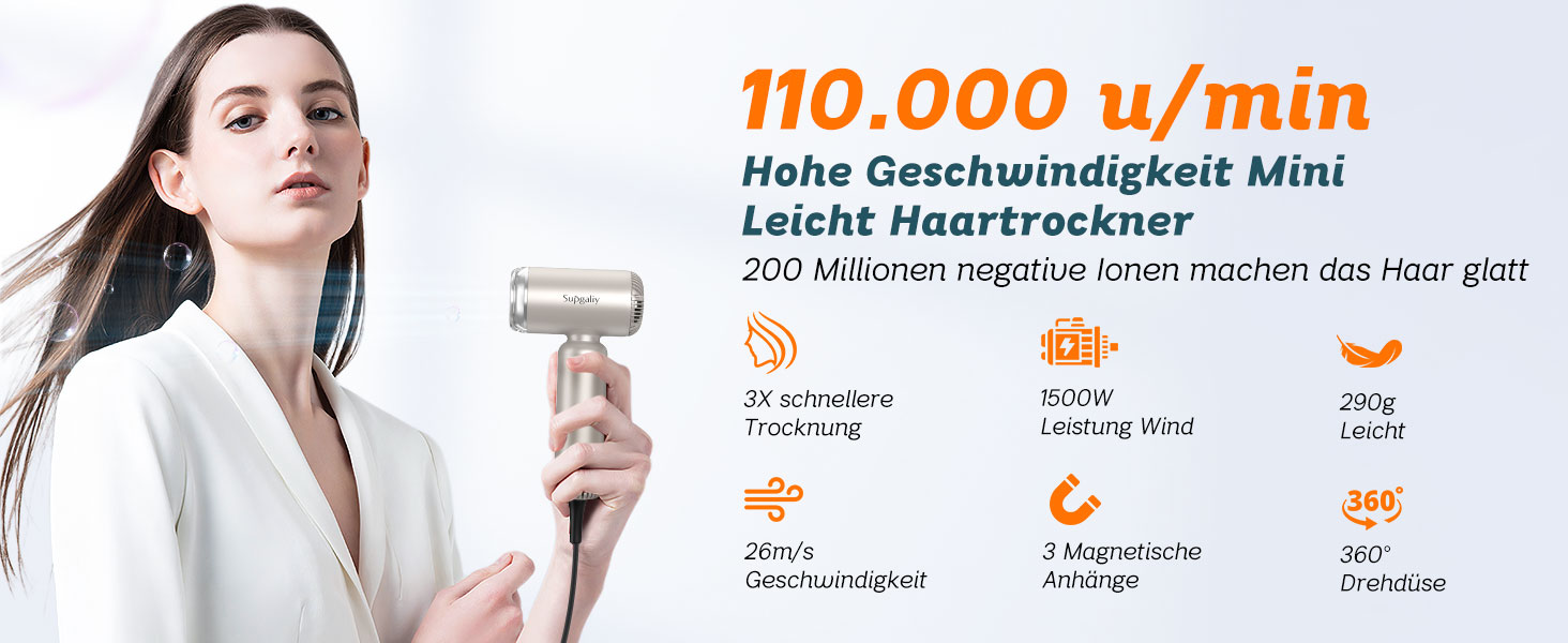 Золотистий фен Supgaliy з дифузором, іонізацією та 4 температурними режимами (1500W)