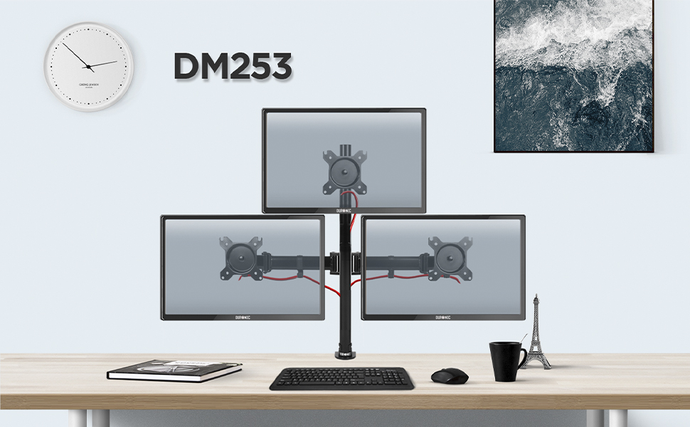 Тримач для моніторів Duronic DM253 на 3 екрани (13-27 дюймів) - Чорний, Регульована висота, кут нахилу, поворот, VESA, до 8 кг