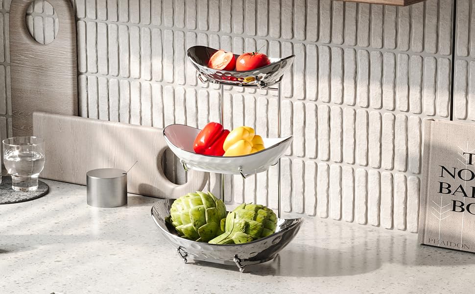 Набір для фруктів та овочів Acliys 3 яруси з кераміки, набір для кухні, порцелянові миски для зберігання фруктів, овочів, снеків, десертів, тортів, тарілка-решітка для вечірки, весілля, сріблястий