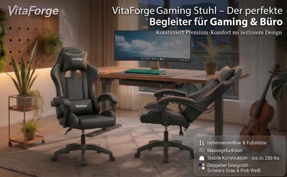 Ігрове крісло Gaming-Sessel для офісу та геймерів, з динамічною підтримкою попереку, регулюванням висоти та підлокітників, обертання на 360°, м'яка оббивка, чорне