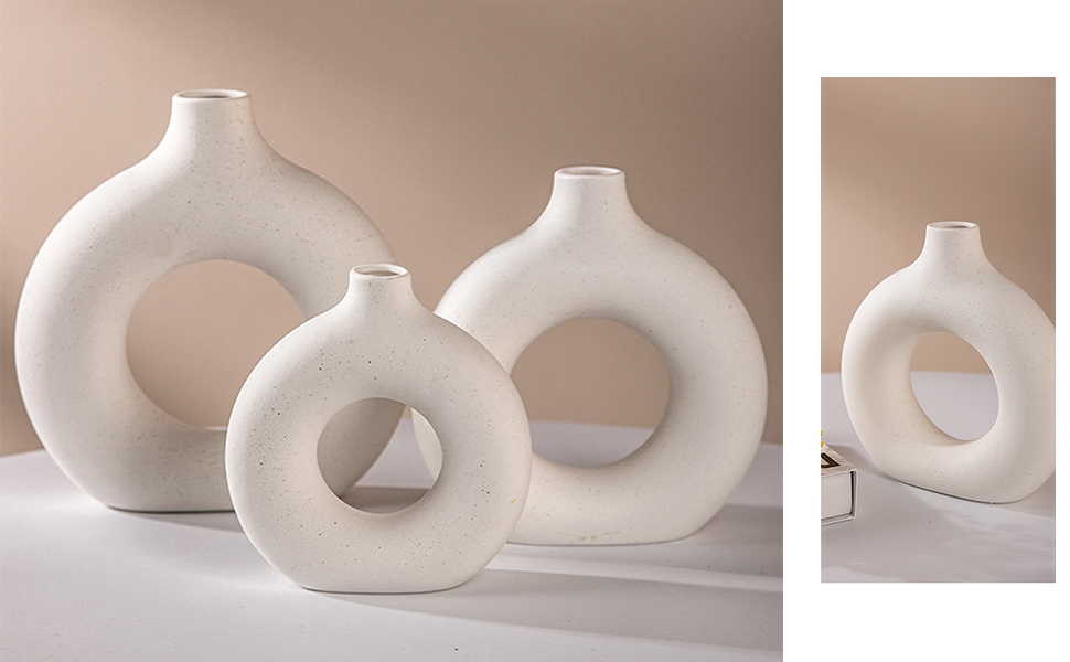 Ceramic Vase Set for Pampas Grass - 2pcs (Large & Medium), Modern Matte Donut Vases for Home Decor, Flowers, Table, Shelf, Fireplace, Living Room, Bedroom, Office, Wedding, Party, Gift - White