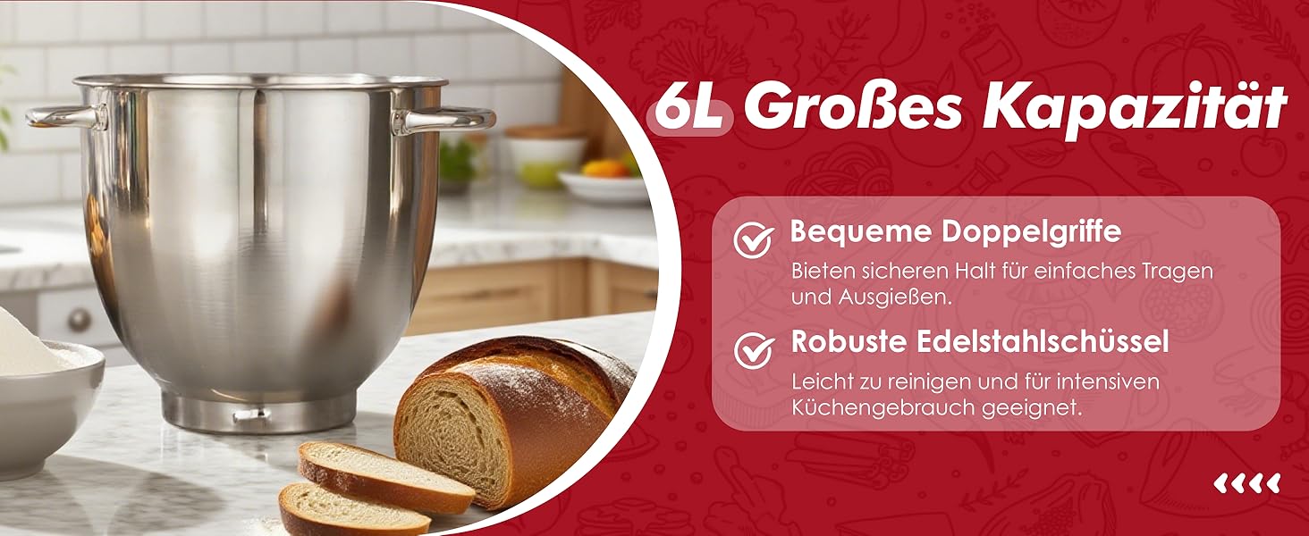 Кухонна машина Küchenmaschine 6 л, 1300 Вт, 10+ швидкостей, з набором насадок (міксер, гак для тіста, вінчик), темно-зелений/червоний