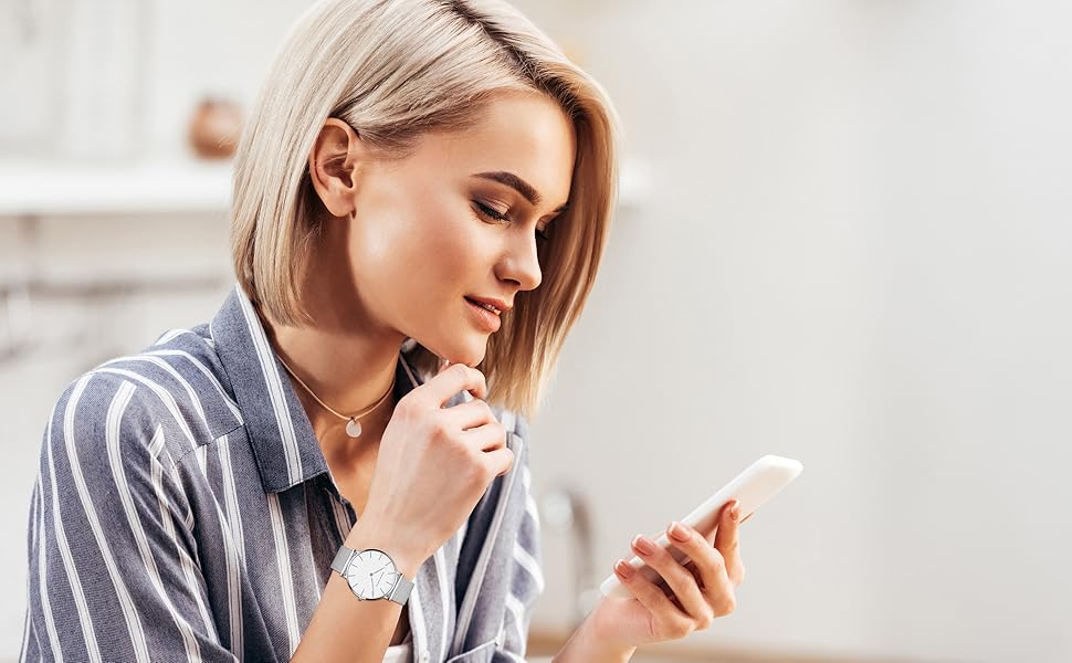 Жіночий годинник Hannah Martin: аналоговий кварц, водонепроникний, з нержавіючої сталі, ультратонкий, сіре мережате плече, біле покриття