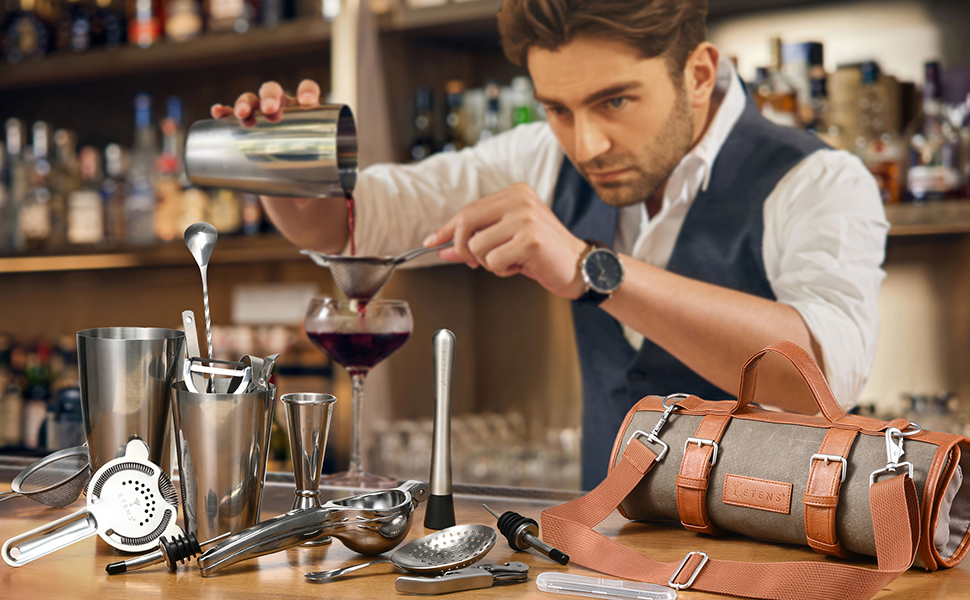Набір бармена 22 предмети: барний аксесуар з нержавіючої сталі та воскована сумка, Boston Shaker, Jigger, сіто, прес для лимонів