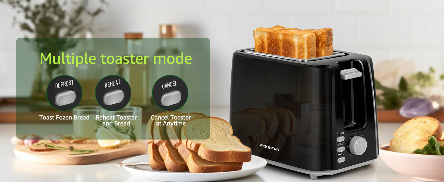 Тостер Aigostar 750W з 7 рівнями підсмажування, функціями розморожування та підігріву, 2 слоти для тостів, чорний