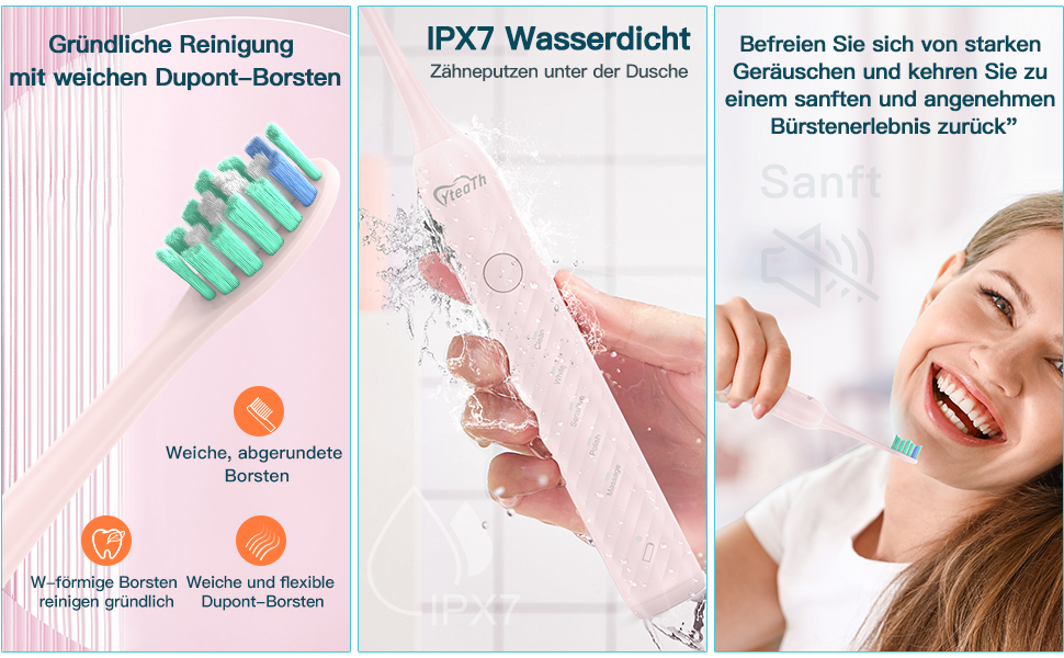 Електрична зубна щітка для дорослих з 6 насадками, акумуляторна звукова щітка, рожева (1 шт.) - тривала робота до 180 днів