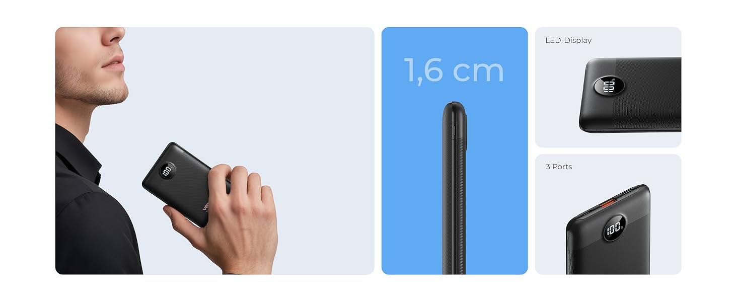 Power Bank VEEKTOMX 10000mAh: Компактний повербанк 22,5W з PD 3.0 та QC 3.0, USB-C, для iPhone/Samsung/Huawei/Xiaomi/AirPods/iPad, чорний