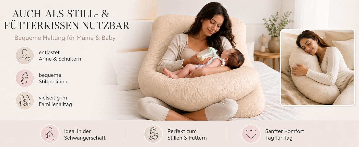 U-подібна подушка для вагітних та годування sei Design XXL, подушка для сну на боці для підтримки спини та стегон, колір taupe, стібана