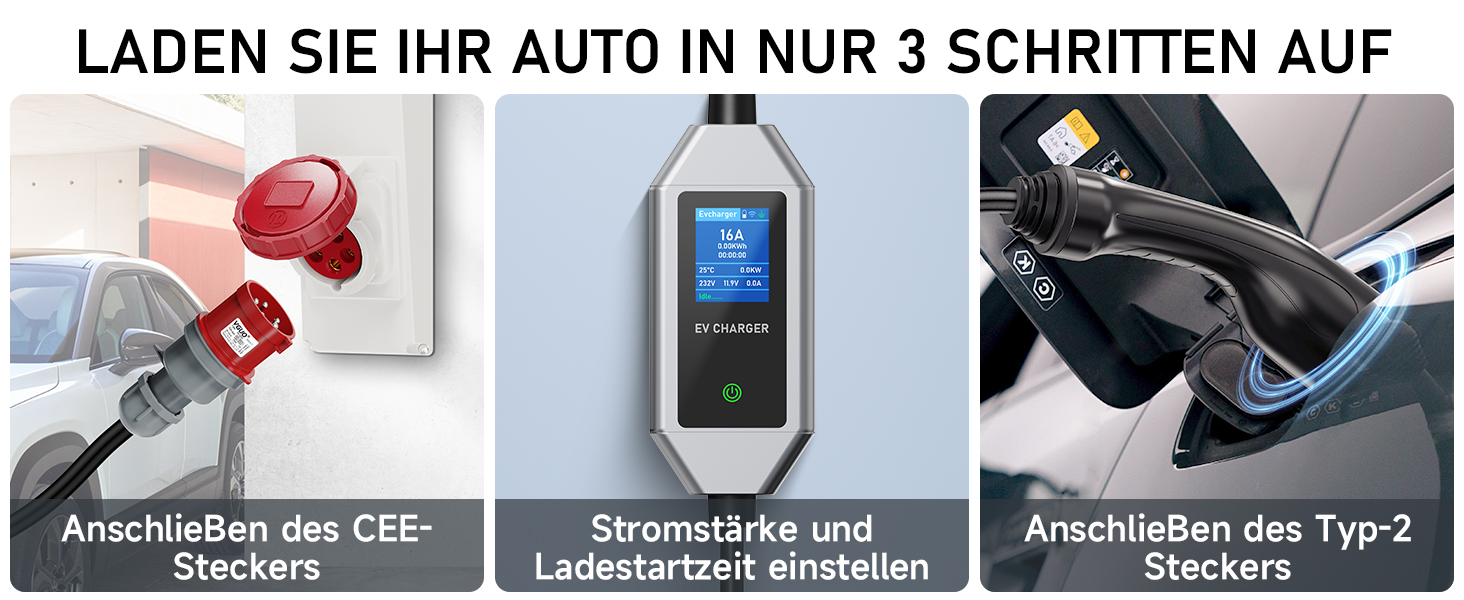 Кабель для зарядки електромобіля Type 2 Schuko 3.68kW 6м, з цифровим дисплеєм, регульованим струмом (1-15 годин) та відстроченим стартом