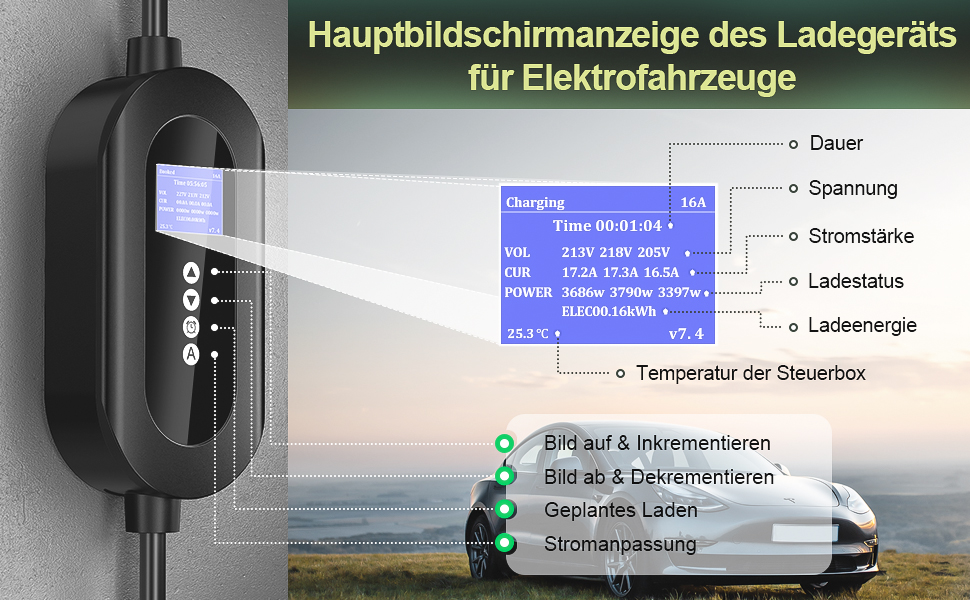 Зарядний пристрій (Wallbox) 11 кВт Type 2, CEE 16A, 6м, 3 фази, з лічильником електроенергії та таймером, для електромобілів (BEV/PHEV), Чорний