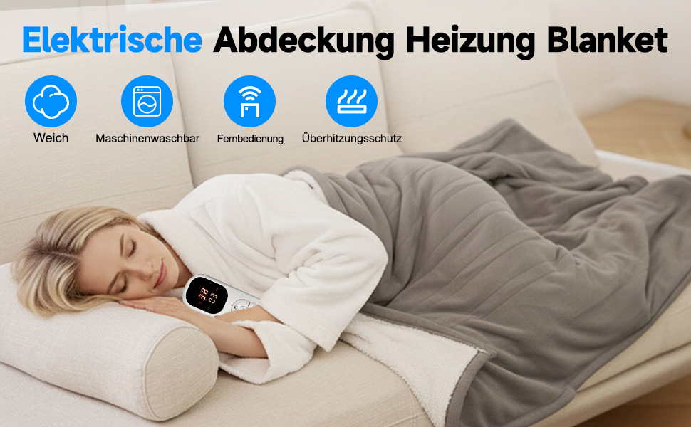 Електрична гріюча ковдра 180x130 см, плюшева ковдра з автовимкненням, 6 таймерів, 6 режимів нагріву, Sleep-Mode, гріюче підлое для дивана та ліжка, сірого кольору, можна прати, швидкий нагрів