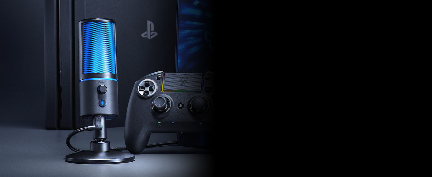 Razer Seiren X для PlayStation - USB конденсаторний мікрофон для стрімінгу PS4/PS5 (чорно-синій) з антивібраційним кріпленням та кнопкою вимкнення звуку