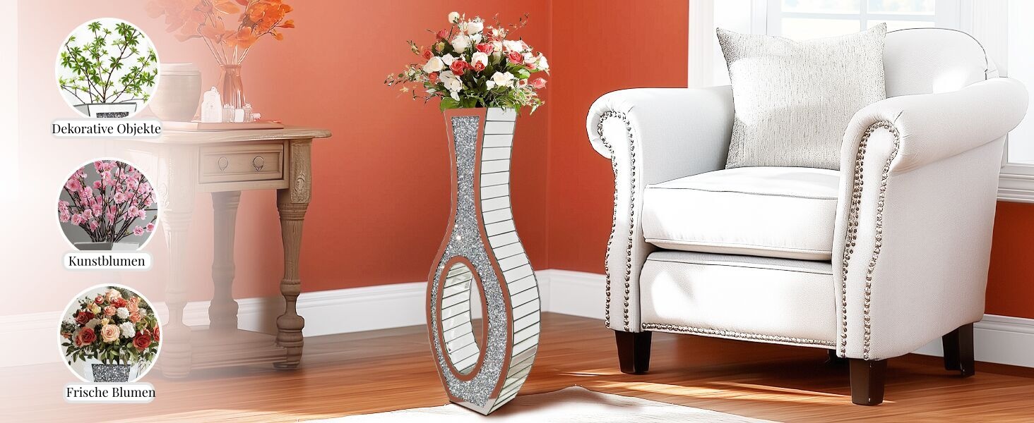 Ваза для квітів напольна 68 см, срібна ваза з кристалом для пампас трави, скляна ваза з дзеркальними діамантами, декоративна розкішна блискуча ваза для вітальні, декор інтер'єру – не для води (13L x 12.5B x 76.5H cm)