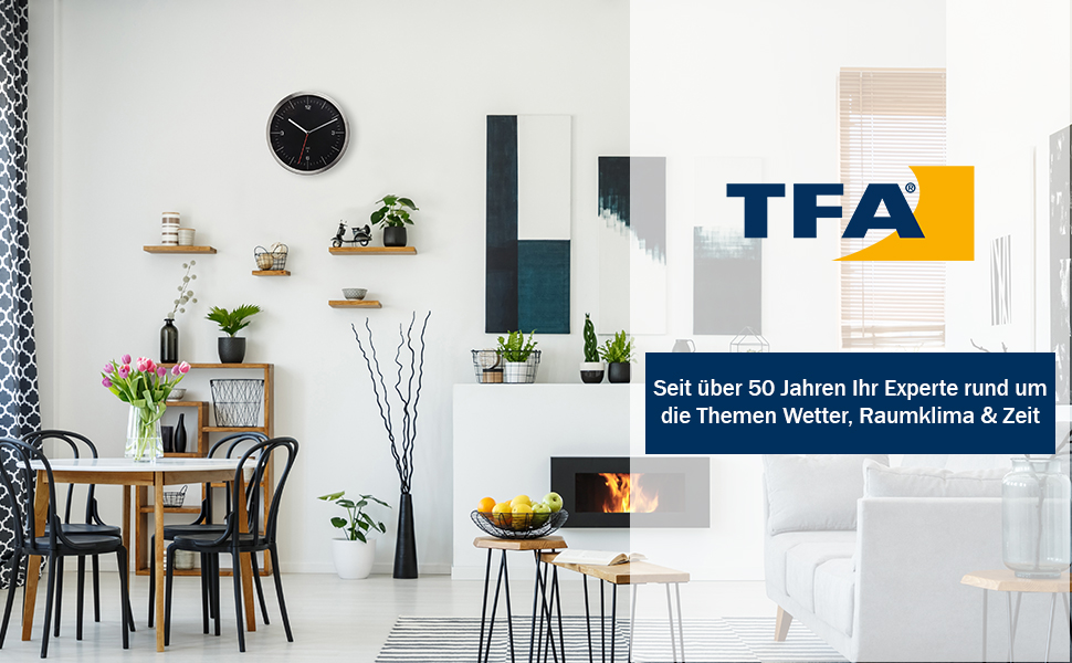 TFA Dostmann Wall Clock, 60.3544.01, No Ticking Sound, Kitchen Wall Clock, Analog, Glass Stainless Steel Black-Silver, 245 x 41 mm