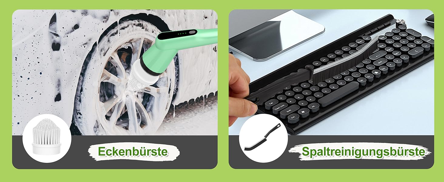 Електрична щітка для прибирання з 7 насадок, водонепроникна IPX7, регульована ручка, для ванної, кухні, підлоги, авто (білий/зелений)