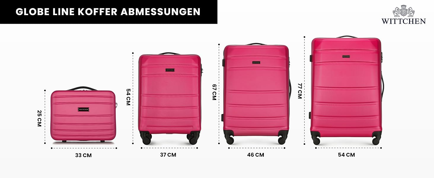 Набір валіз WITTCHEN Globe Line: 4 валізи, жорсткий корпус ABS, телескопічна ручка, кодовий замок, 4 колеса. Підходить для Lufthansa, Eurowings, Ryanair, Condor, Discover Airlines (Рожевий)