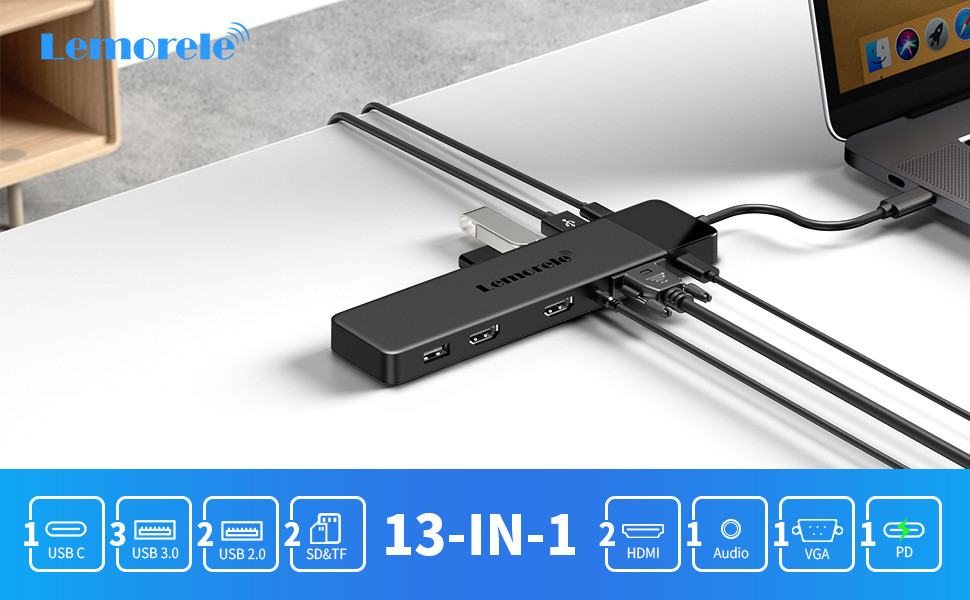 Lemorele USB-C хаб 14-в-1: док-станція з 3 портами дисплея (2 HDMI 4K + VGA), 5 USB-портів (3x USB 3.0), 100W PD, SD/TF кардрідер, аудіо, сумісна з MacBook, Dell, Windows