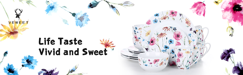 VEWEET Сервіз на 4 особи, 16 предметів, порцеляна. Сучасний сервіз з обідніми, десертними тарілками, мисками для каші та чашками. Можна мити в посудомийній машині та використовувати в мікрохвильовій печі. Серія Doris, 32 предмета