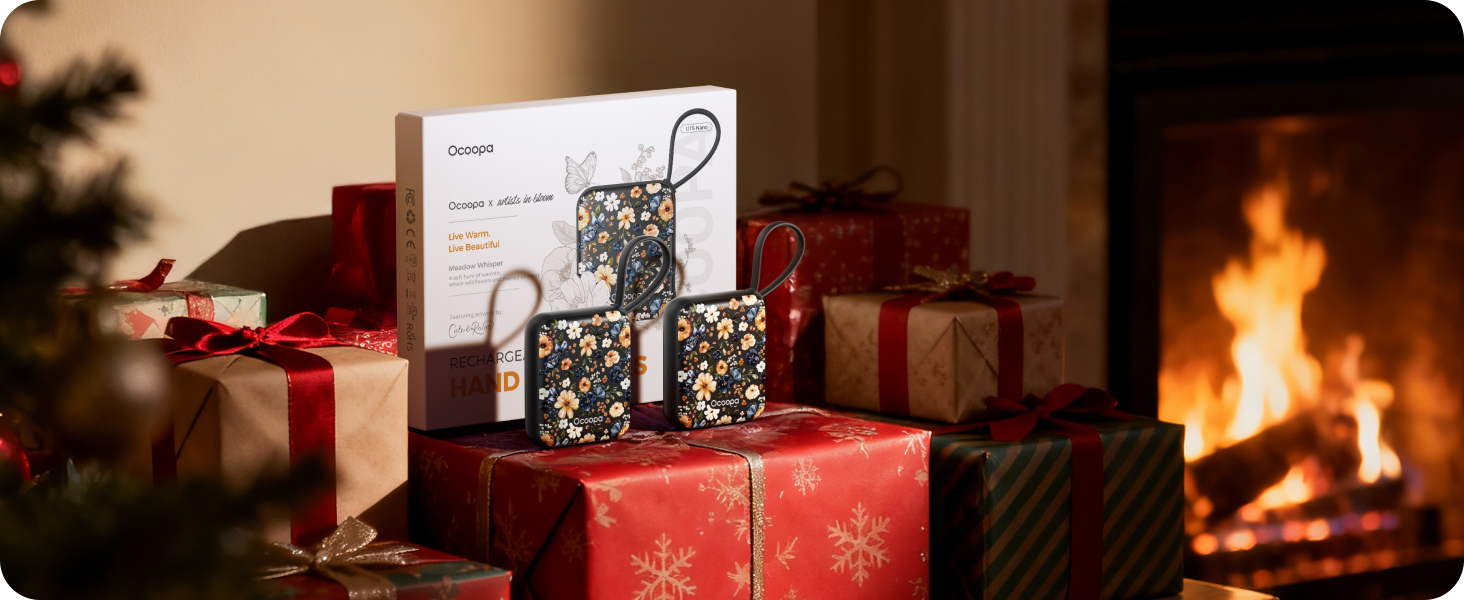 Електричні грілки для рук Ocoopa 2 шт. з акумулятором 4000mAh, USB, 3 режими нагріву до 52°C, для жінок, зимові подарунки, для катання на лижах, подорожей та активного відпочинку, UT5 Nano Wiesengeflüster (Ocoopa x Künstleredition)