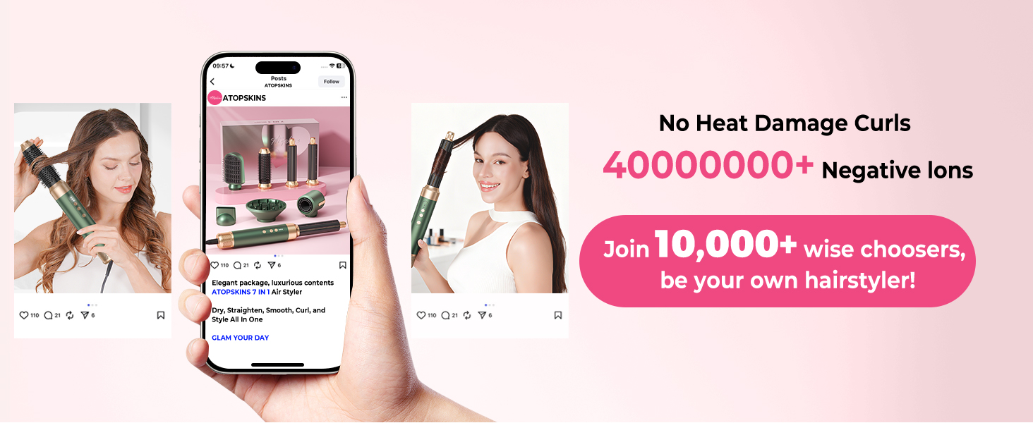 Atopskins 7-в-1 Airstyler: професійний набір для укладки волосся, 110000 об/хв, 1400 Вт. Фен-щітка, локон, випрямляч, іонізація. Для об'єму, сушіння та укладки. Чорний та золотий колір.