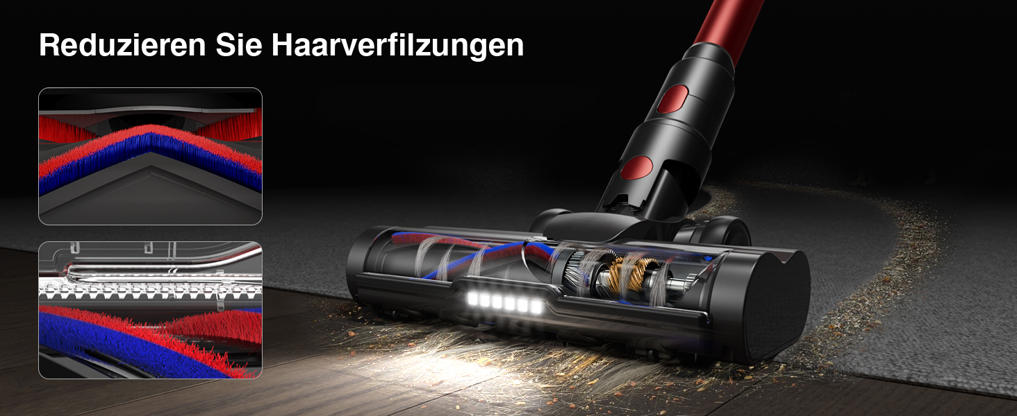 Бездротовий акумуляторний пилосос 45000Pa/550W/65хв, об'єм 1,6л з дисплеєм, антизаплутана щітка, самостійна парковка, док-станція на стіні, 8-шарова фільтрація, тихий, для шерсті тварин/килимів/твердих поверхонь/автомобіля (червоний)