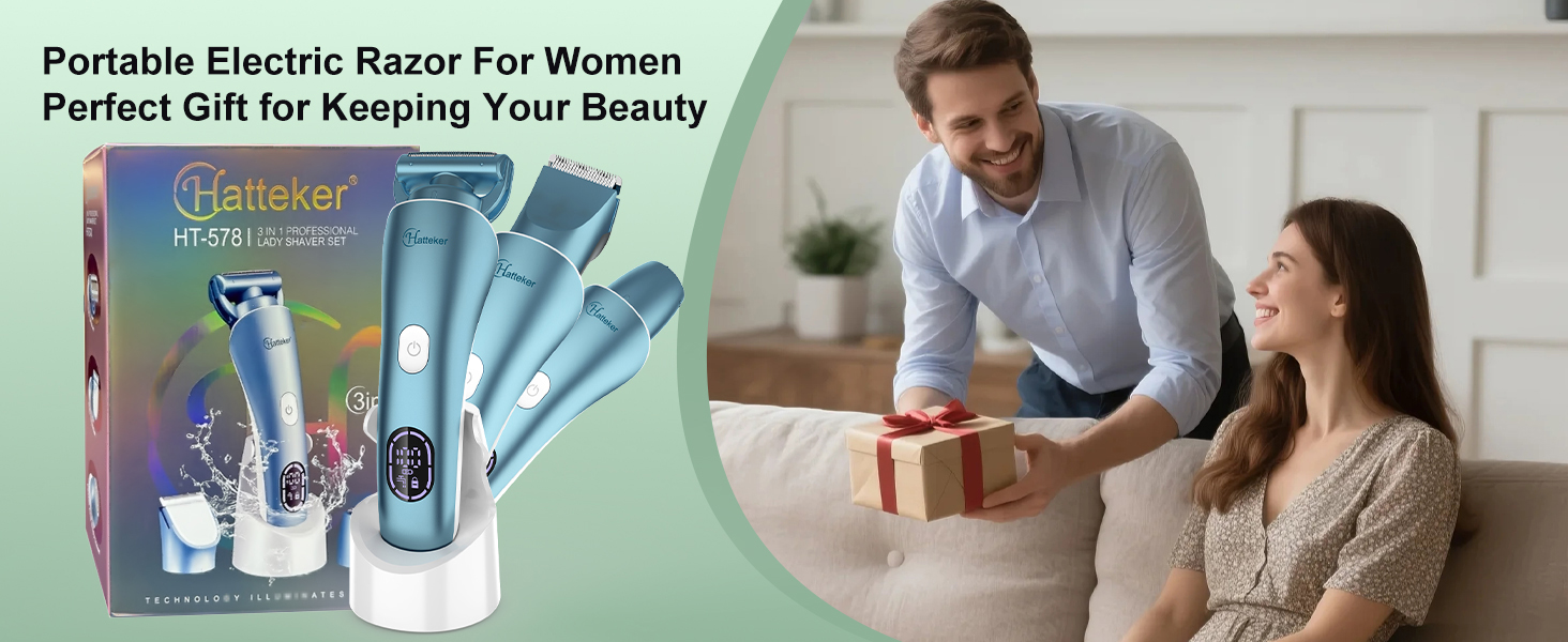 Електричний епілятор Hatteker 3-в-1 для жінок: тример, брітор та епілятор. З LED-дисплеєм, IPX7, USB-зарядка (Блакитний)