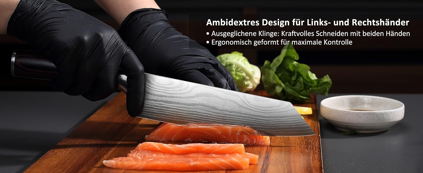 Японський ніж Santoku від Paudin, 20 см, Kiritsuke, з високоякісної сталі, ергономічна ручка, для м'яса, риби та овочів