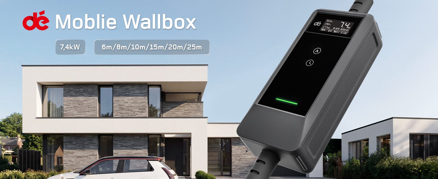 Зарядний пристрій для електромобілів Dé Mobile Wallbox 7.4 кВт з Wi-Fi, кабель Type 2 6м (1 фаза, 6-32A) для Tesla Model Y/3, VW ID.3/4/5/7, Skoda Enyaq