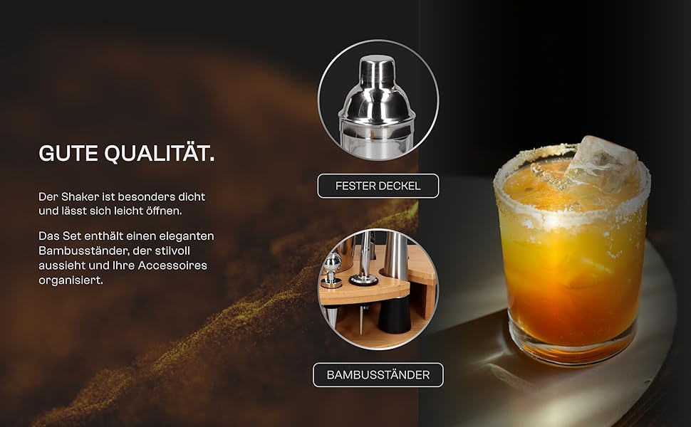 Коктейльний набір з бамбуковою підставкою Whiskey Rocks 12 шт, шейкер Paris 750 мл, аксесуари для бару (нержавіюча сталь, срібло)