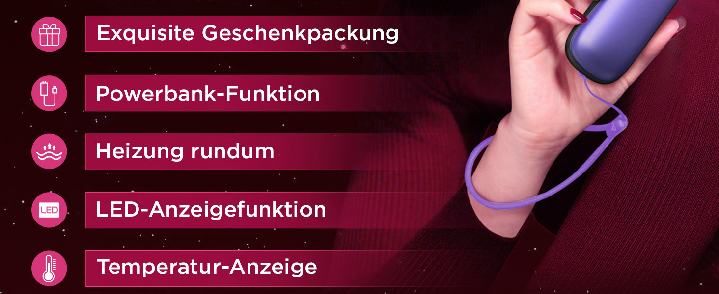 Електричні грілки для рук Funme® 10000mAh (2 шт.) з подарунковою коробкою. USB Powerbank, багаторазові, портативні, до 60°C, для жінок, ідеальні для активного відпочинку. OT95 (фіолетове золото)