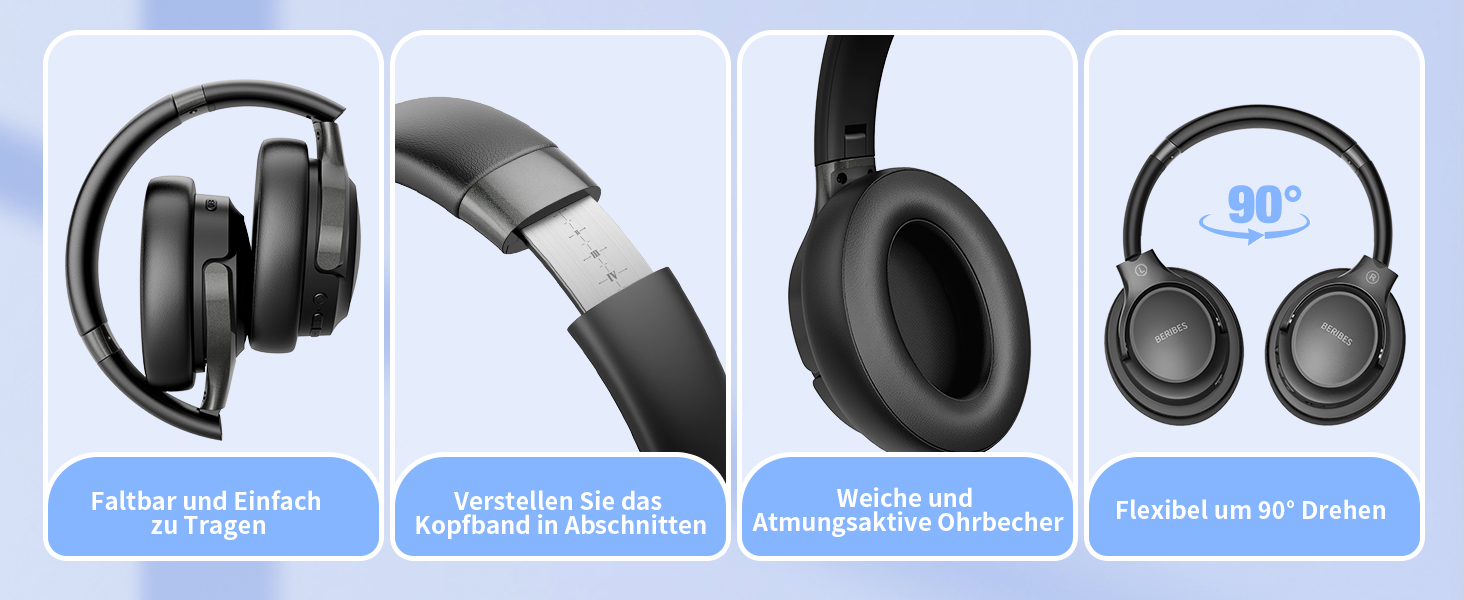 BERIBES Бездротові навушники Over-Ear Bluetooth з мікрофоном, 65 годин роботи, 6 EQ-режимів, HiFi Stereo, чорний