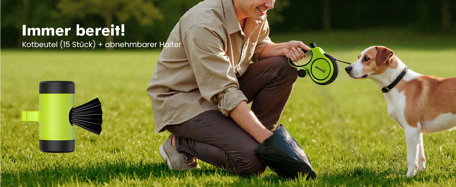 Рулетка для собак Pecute 8м, бісостійка, з набором для збору відходів, 360° без перекручування, для собак середніх та великих (15-50кг), зелена