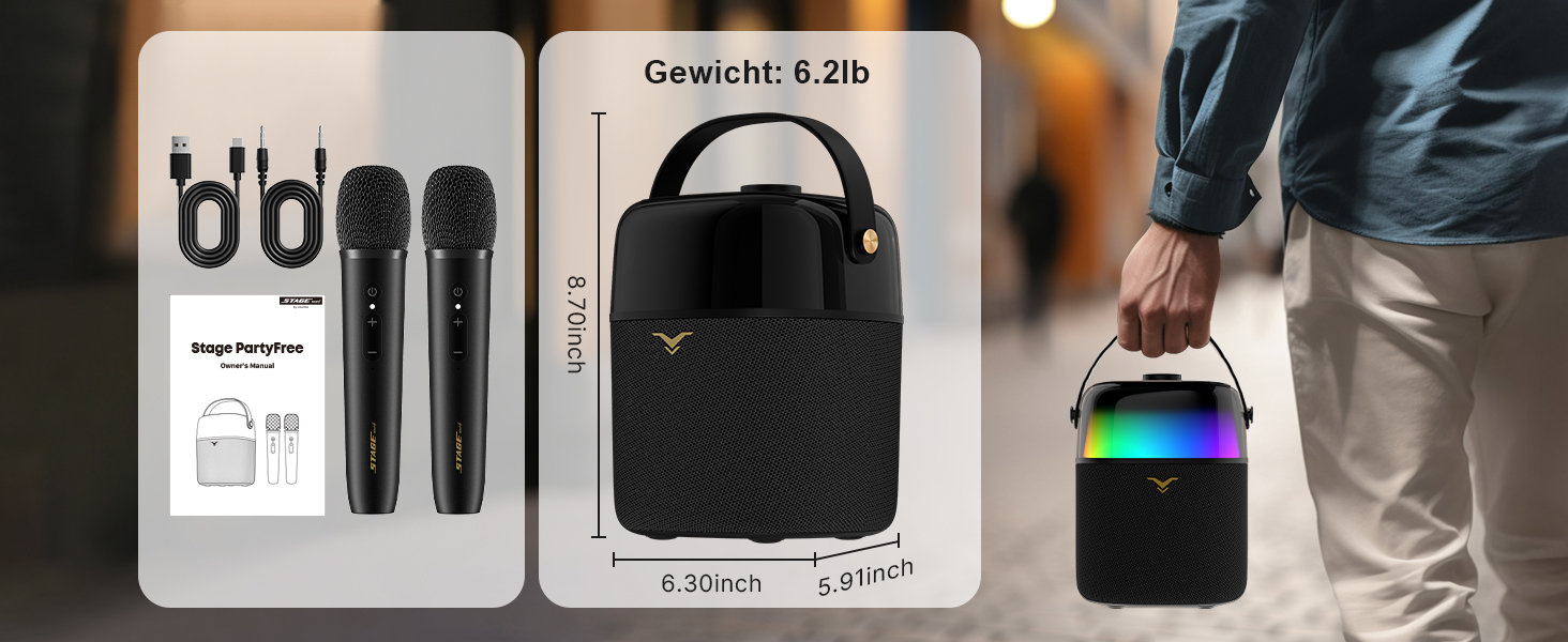 Караоке система з 2 мікрофонами, LED-підсвічуванням, портативна партійна колонка, 80W, USB/Bluetooth/AUX, для дому та на вулицю (для дорослих та дітей)
