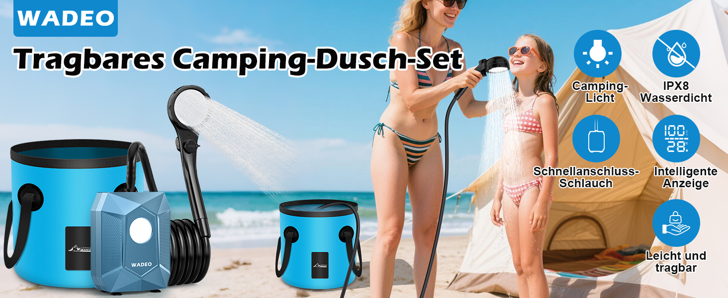 Портативна душова кабіна WADEO з акумулятором, помпою та підсвічуванням, 120 хвилин роботи, LED-ліхтар, мобільний душ-сет з 2м шлангом, душовою насадкою, тримачем та відром для саду, миття автомобіля, домашніх тварин, пляжу, подорожей (Блакитний, з відром 20л)
