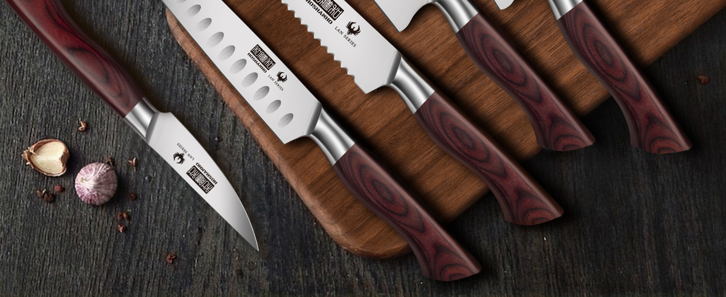 HOSHANHO 20 см кухонний ніж для приготування їжі, професійний японський шеф-ніж з нержавіючої сталі з вуглецевим покриттям та ергономічною дерев'яною ручкою