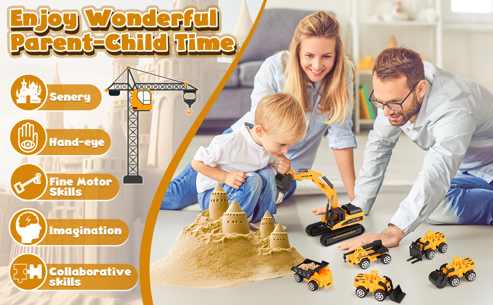 Subtail Magic Sand for Kids - 6 Construction Vehicles | 16 Castle Shapes | 18 Traffic Signs - Kinetic Sand Play Sand, Foldable Sandbox - Gifts for Boys and Girls Ages 3, 4, 5
