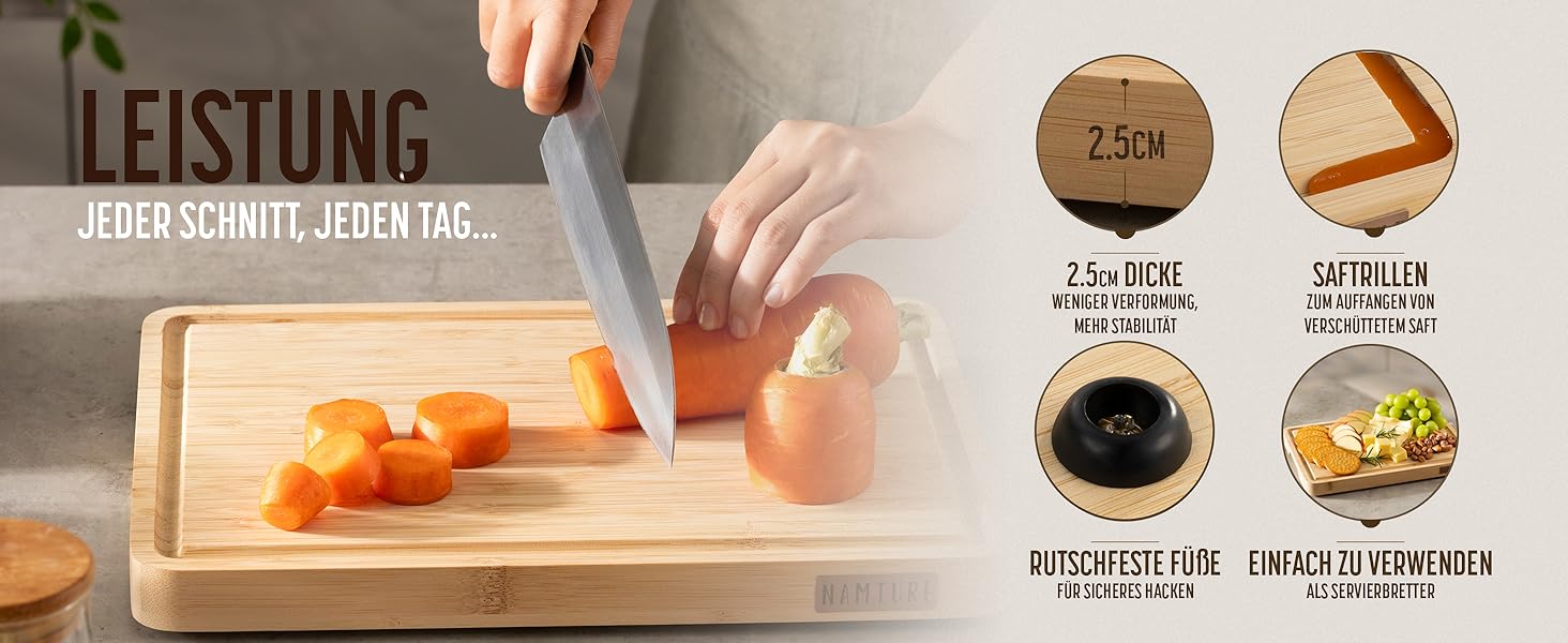 Дерев'яний обробний дошка Stirnholz 45x30 см з бамбука, преміум-якість, з жолобом для соку та антиковзними ніжками, у подарунковій коробці