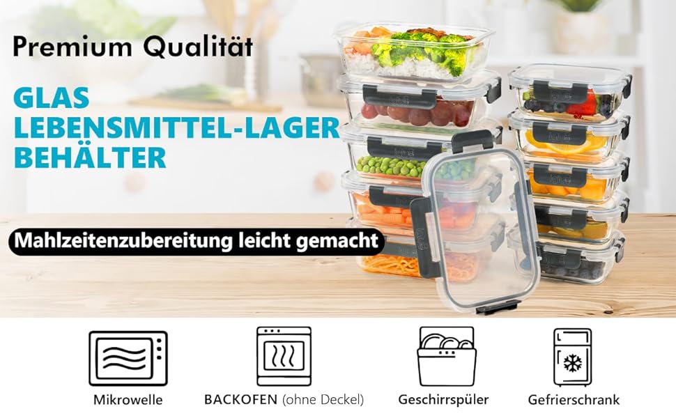 Набір контейнерів для їжі Igluu Meal Prep (10 шт.) – Borosilikatglas, BPA-free, мікрохвильова піч, морозильна камера, посудомийна машина, 370 & 1050 мл